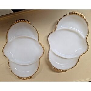 2 Vintage Fire King Divided Relish Dish Oven Ware Milk Glass White Gold Trim USA